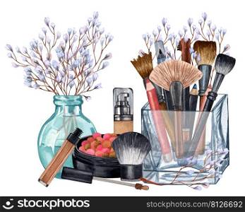 Watercolor make up products. Hand drawn cosmetics set of pearl powder, brushes in a glass holder, powder, texture, palette, mascara, lip stick, vase with flowers. Watercolor make up products. Hand drawn cosmetics set of pearl powder, brushes in a glass holder, powder, texture, palette, mascara, lip stick, vase with flowers.