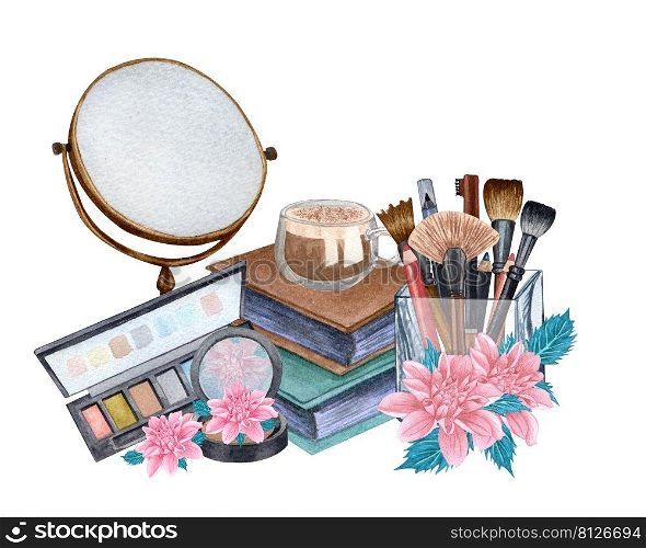 Watercolor make up products. Hand drawn cosmetics set of pearl powder, brushes in a glass holder, powder, texture, palette, mascara, lip stick, pink flowers. Watercolor make up products. Hand drawn cosmetics set of pearl powder, brushes in a glass holder, powder, texture, palette, mascara, lip stick, pink flowers.