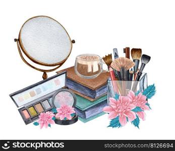 Watercolor make up products. Hand drawn cosmetics set of pearl powder, brushes in a glass holder, powder, texture, palette, mascara, lip stick, pink flowers. Watercolor make up products. Hand drawn cosmetics set of pearl powder, brushes in a glass holder, powder, texture, palette, mascara, lip stick, pink flowers.