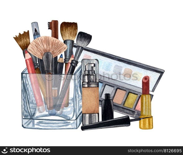 Watercolor make up products. Hand drawn cosmetics set of pearl powder, brushes in a glass holder, powder, texture, palette, mascara, lip stick. Watercolor make up products. Hand drawn cosmetics set of pearl powder, brushes in a glass holder, powder, texture, palette, mascara, lip stick.