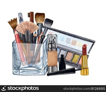 Watercolor make up products. Hand drawn cosmetics set of pearl powder, brushes in a glass holder, powder, texture, palette, mascara, lip stick. Watercolor make up products. Hand drawn cosmetics set of pearl powder, brushes in a glass holder, powder, texture, palette, mascara, lip stick.