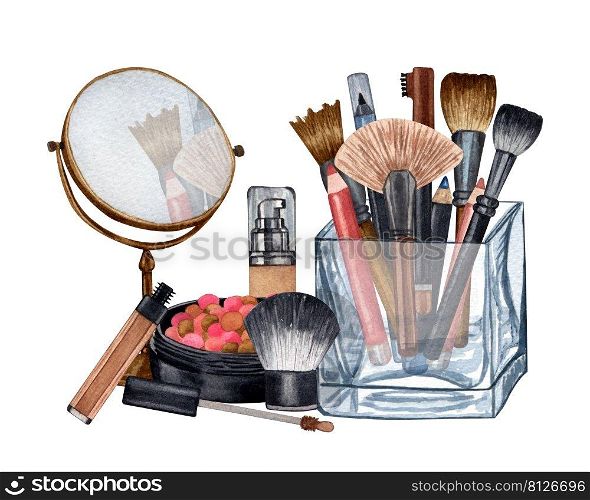 Watercolor make up products. Hand drawn cosmetics set of pearl powder, brushes in a glass holder, powder, texture, miror, mascara, lip stick. Watercolor make up products. Hand drawn cosmetics set of pearl powder, brushes in a glass holder, powder, texture, miror, mascara, lip stick.