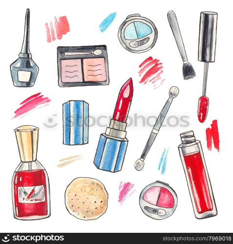 Watercolor Makeup products set. Cosmetics. Hand drawn painting Illustration. . Watercolor Makeup products set