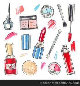 Watercolor Makeup products set. Cosmetics. Hand drawn painting Illustration. . Watercolor Makeup products set