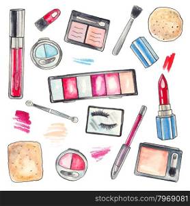 Watercolor Makeup products set. Cosmetics. Hand drawn painting Illustration. . Watercolor Makeup products set