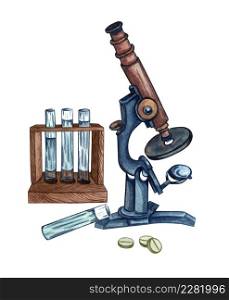 Watercolor microscope, test tubes, pills, hand drawn illustration. Retro vintage microscope. Medical colection on a white background. Watercolor microscope, test tubes, pills, hand drawn illustration. Retro vintage microscope.
