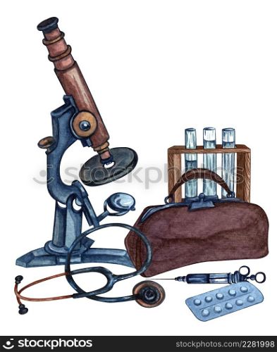 Watercolor microscope, test tubes, pills, stethoscope an injection, doctors bag hand drawn illustration. Retro vintage microscope. Medical collection on a white background