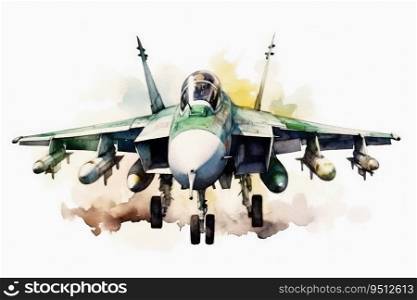 Watercolor military jet on white background created with generative AI technology