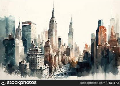 Watercolor modern cityscape building of newyork , drawn sketch illustration , Generative Ai