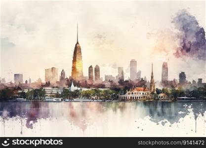 Watercolor modern cityscape building of Thailand , drawn sketch illustration , Generative Ai