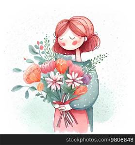 Watercolor mom with flower bouquete. 8 March greeting card concept. Illustration AI Generative