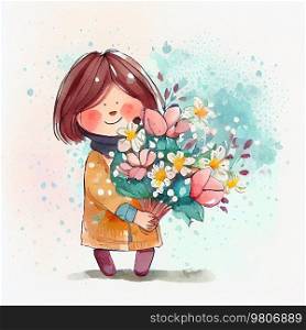 Watercolor mom with flower bouquete. 8 March greeting card concept. Illustration AI Generative