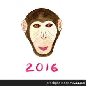 Watercolor monkey print. Happy New year card. 2016 Year of Monkey. Chimpanzee artwork. Watercolor monkey print. Happy New year card. 2016 Year of Monkey. Chimpanzee artwork.