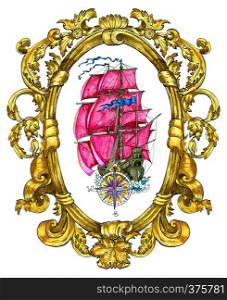 Watercolor nautical doodle illustration, fantasy adventure and vintage transportation concept