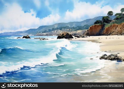 Watercolor of a beautiful beach created with generative AI technology