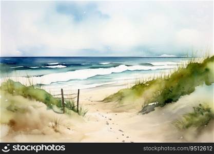 Watercolor of a beautiful beach created with generative AI technology