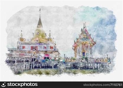 Watercolor of temple in thailand. Scenery temple on watercolor paper texture background.