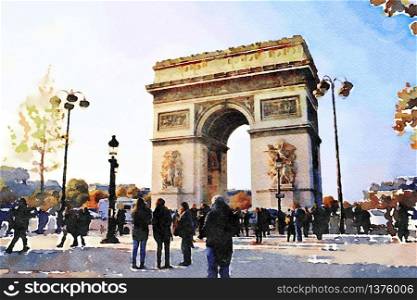 watercolor of the arc de triomphe in Paris on an autumn day. watercolor of the arc de triomphe in Paris
