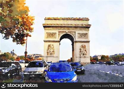 watercolor of the arc de triomphe in Paris on an autumn day. watercolor of the arc de triomphe in Paris