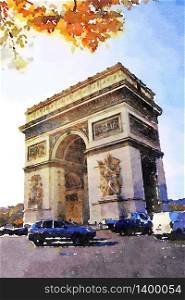 watercolor of the arc de triomphe in Paris on an autumn day. the arc de triomphe in Paris on an autumn day