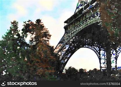 watercolor of the arcades at the base of the Eiffel Tower in Paris on an autumn day. watercolor of the arcades at the base of the Eiffel Tower