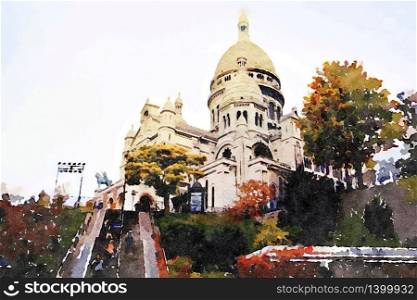 watercolor of the Sacr Coeur church in Paris on an autumn day. watercolor of the Sacr Coeur church in Paris