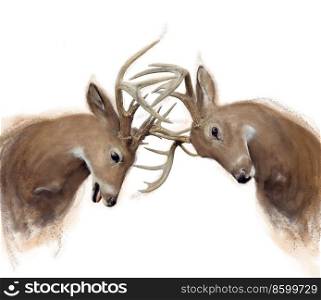 Watercolor of two Deer Buck on White Background