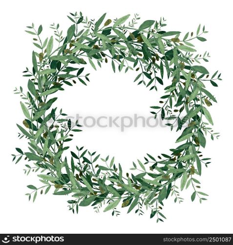 Watercolor olive wreath. Isolated illustration on white background. Organic and natural concept.