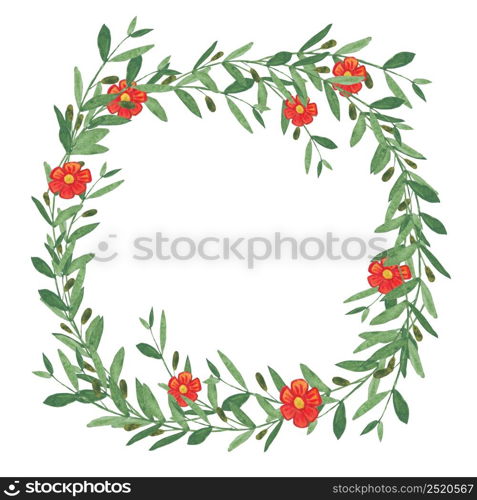 Watercolor olive wreath with red flower. Isolated illustration on white background. Organic and natural concept.