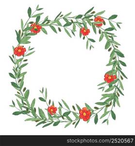 Watercolor olive wreath with red flower. Isolated illustration on white background. Organic and natural concept.