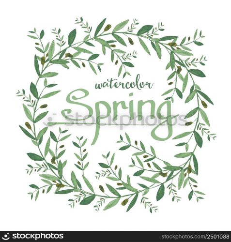 Watercolor olive wreath with spring text. Isolated illustration on white background. Organic and natural concept.