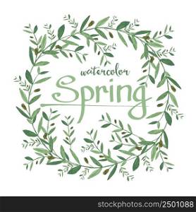 Watercolor olive wreath with spring text. Isolated illustration on white background. Organic and natural concept.