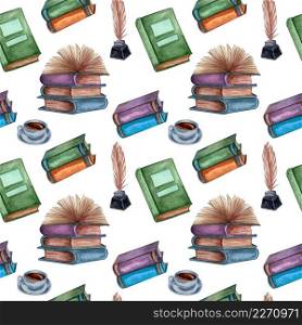 Watercolor Open and close Books seamless pattern. Watercolor texture. Back to school themed design. Seamless pattern with antique objects. Old and rare books together with artifacts.. Seamless pattern with antique objects. Old and rare books together with artifacts.
