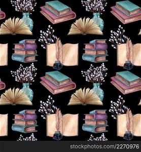 Watercolor Open and close Books seamless pattern. Watercolor texture. Back to school themed design. Seamless pattern with antique objects. Old and rare books together with artifacts.. Seamless pattern with antique objects. Old and rare books together with artifacts.