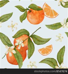 Watercolor orange fruit seamless pattern. Orange branch in bloom. A slice of citrus. Gentle summer background for menus, textiles and stationery and packaging. Watercolor orange fruit seamless pattern. Orange branch in bloom. A slice of citrus. Gentle summer background for menus, textiles and stationery and packaging.