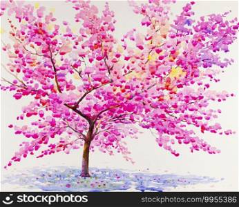 Watercolor original landscape painting red,pink color of Wild Himalayan Cherry flower and white background,artistic illustration beautiful in nature flower 