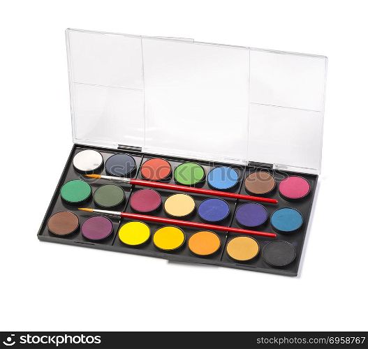Watercolor paint and brush in black box, isolated on white background, with clipping path. Watercolor paint and brush