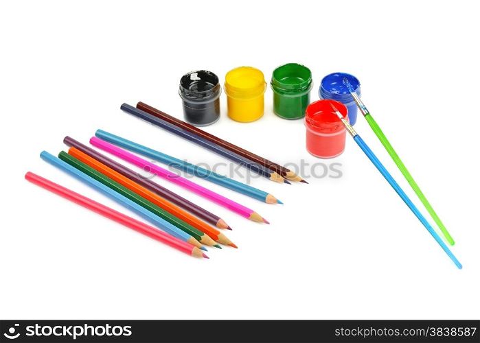 watercolor paint and colored pencils isolated on white background