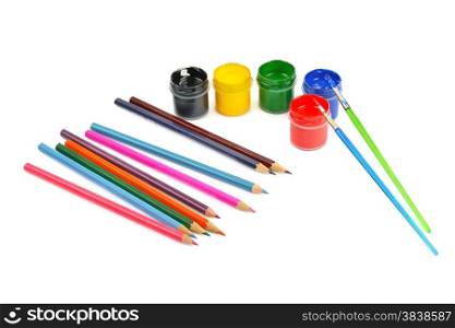 watercolor paint and colored pencils isolated on white background