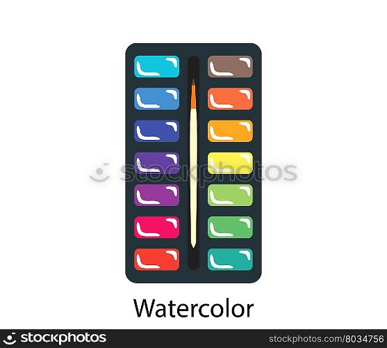 Watercolor paint-box icon. Flat color design.