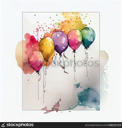 Watercolor Painted Happy Birthday Greeting Card with Balloons Illustration AI Generative