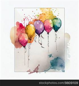 Watercolor Painted Happy Birthday Greeting Card with Balloons Illustration AI Generative