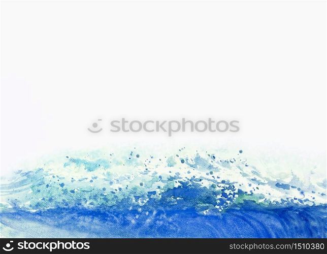 Watercolor painting background big sea wave of storm waves, blue color in the sea and emotions splatters. Hand painted stroke illustration, Impressionist modern style. copy space backdrop