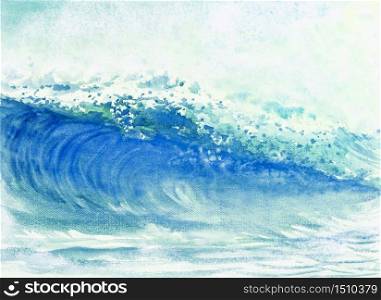 Watercolor painting big sea wave of storm waves in the sea, background emotions are sprayed in the sky. Hand painted illustration, Impressionist modern.