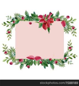 Watercolor painting Christmas star wreath with bright red cherry and place for text. Illustration for greeting cards and invitations isolated on white background.