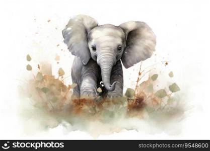 Watercolor painting of a big elephant on a white background