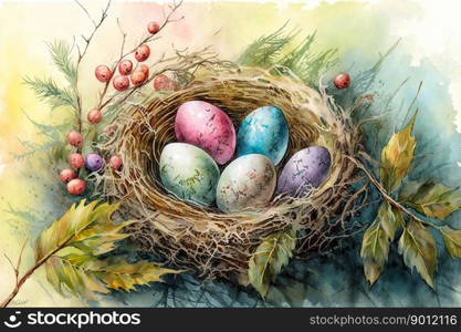 Watercolor painting of a bird nest with color Easter eggs. Easter bird nest with color eggs. Easter decoration. Generative AI illustration.