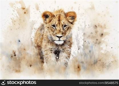 Watercolor painting of a lion on a white background