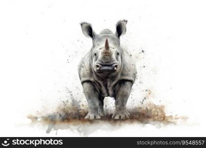 Watercolor painting of a Rhino on a white background