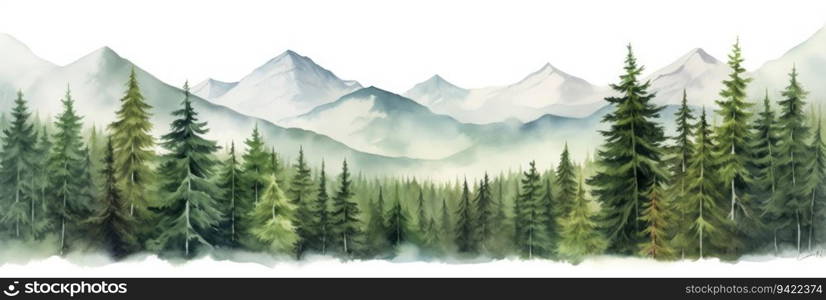 Watercolor painting of beautiful mountains, mountain peak landscape with forest. Panorama banner. Generative AI